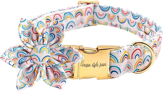 Uniqe Style Paws Flower Dog Collar, Adjustable Dog Collar with Flower, Durable Rainbow Floral Pattern Pet Collar for X-Small Dogs