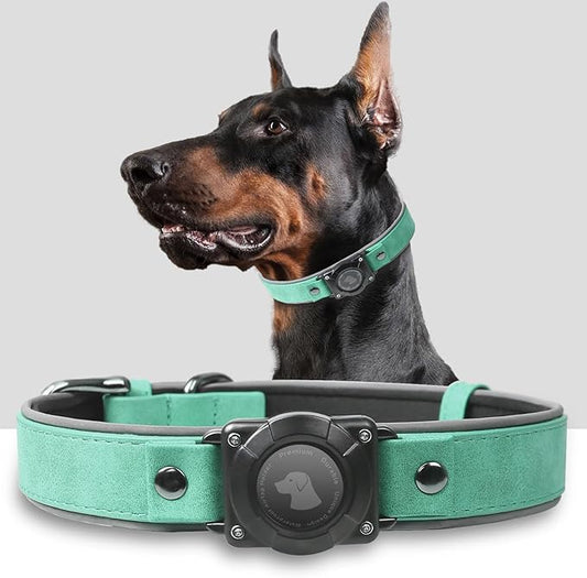 AirTag Dog Collar - Leather Dog Collar with Air Tag Holder | IPX8 Waterproof, Reflective, High - End, Adjustable Soft Padded | Dog GPS Tracker Collars Fit for Medium Large Dogs (Teal, XL)