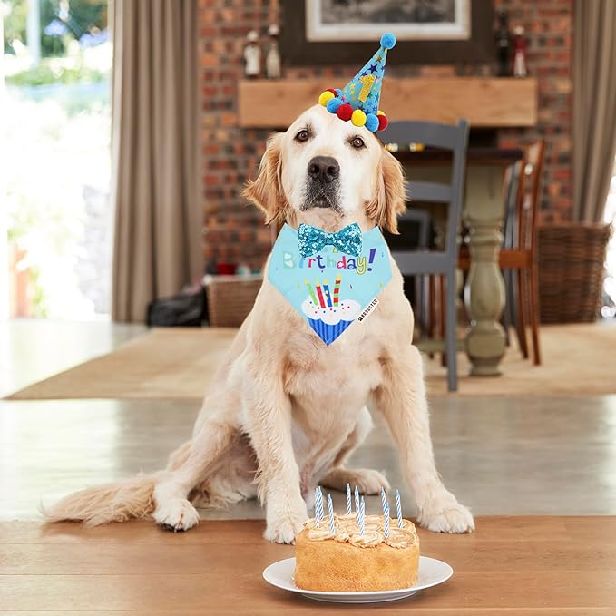 ADOGGYGO Dog Birthday Bandana Scarf and Blue Boy Pet Birthday Party Hat with Cute Bow Tie for Extra Large Dog Pet (X-Large)