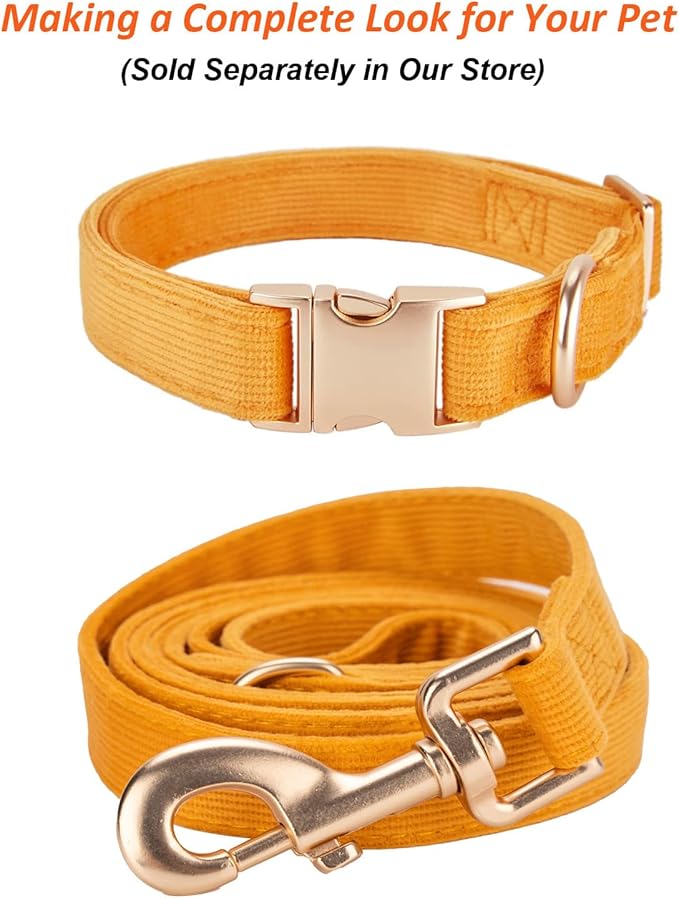 Soft Dog Collar with Metal Buckle Adjustable Durable Comfort Cotton Corduroy Collars for Large Medium Small Dogs Velvet Dog Collars, Orange