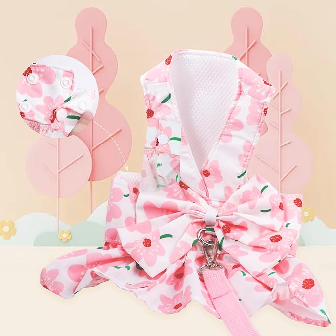 Dog Dress Bowknot Harness Leash Set for Small Girl Dogs Pink Floral Dog Cat Clothes Cute Puppy Outfits Pet Clothes Spring Summer Breathable Dresses(Medium)