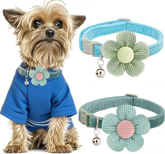 Puppy Collars for Litter, Small Dog Collar with Flower, XS Dog Collars for Small Dogs with Bell for Girl Boy Little Dog(Green + Blue)