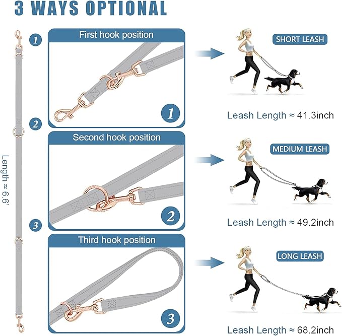 Soft Leather Dog Collar and Leash (6.6') Set - Stylish Rose Gold Heavy Duty Metal Buckle, 4 Adjustable Lengths Leash for Small Medium Large Dogs - Comfortable & Easy to Clean Grey XS(8"-12")