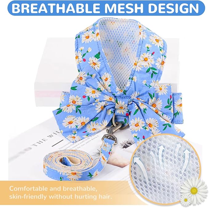 BAEJMJK Dog Harness and Leash Set with Bow Knot No Pull Pet Daisy Floral Harness with D-Ring Soft Mesh Dog Harness Vest Set Escape Proof Princess Puppy Harness for Small Girl Dogs Cats（Blue B L）