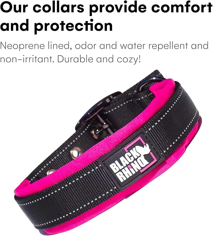 Black Rhino - The Comfort Collar Ultra Soft Neoprene Padded Dog Collar for All Breeds - Heavy Duty Adjustable Reflective Weatherproof (Small, Pink/Black)