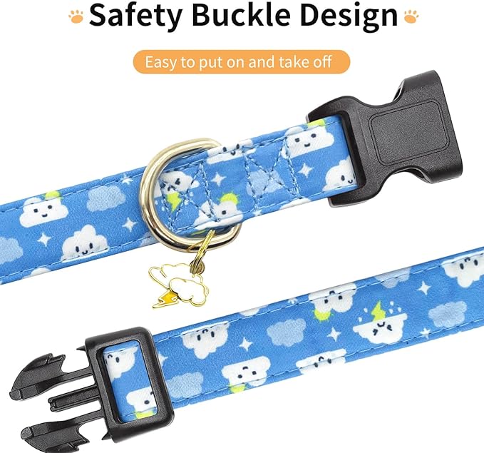 Cotton Dog Collar,Adjustable Cute Puppy Collar with Moon Patterned Design for Small Medium Large Dogs,Soft and Fancy Pet Collar with Safety Buckle for Girl Boy Dogs (Blue Cloud, S)