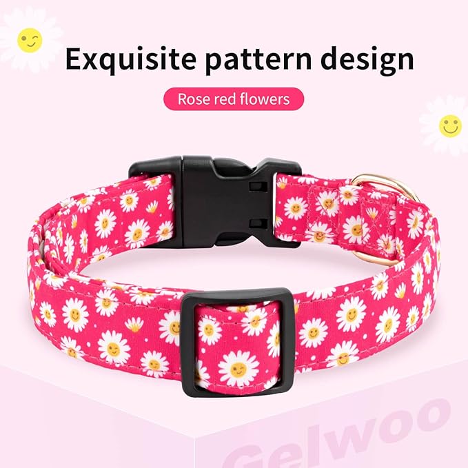 Cotton Dog Collar,Soft and Cute Puppy Collars with Flower Patterned Design for Girl Female Boy Dogs,Adjustable Buckle Pet Collar for Small Medium Large Dogs (Rose Red Flower, S)