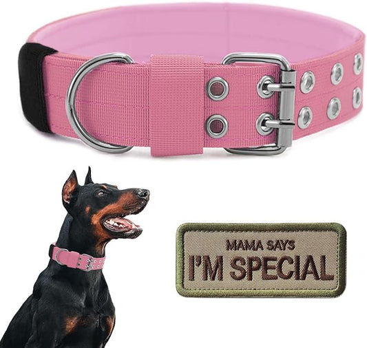 Tactical Dog Collar Military Adjustable Dog Collars Soft Nylon K9 Training Collar with Patch Heavy Duty Metal Buckle Collars for Medium Large Dogs (Light Pink, L)