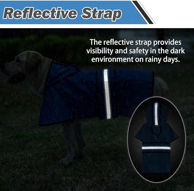 KOOLTAIL Dog Raincoat Hooded Slicker Poncho with Leash Hole, Raincoat for Large Dogs, Waterproof Doggie Rain Jacket with Reflective Strip, Adjustable Breathable Plaid Extra Large Rainwear-Blue Solid