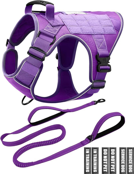 Reflective Purple Service Dog in Training Vest Harness Leash Set for Medium Large Dogs, Adjustable Heavy Duty Padded Dog Harness, with Front Clip and Metal Buckles Do Not Pet for Training, Hiking