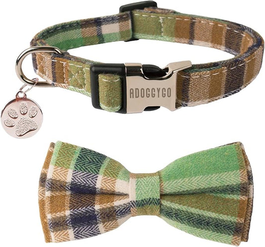 ADOGGYGO Plaid Dog Collar with Detachable Bowtie, Adjustable Soft Green Plaid Collars for Small Medium Large Dogs Pets (Medium)
