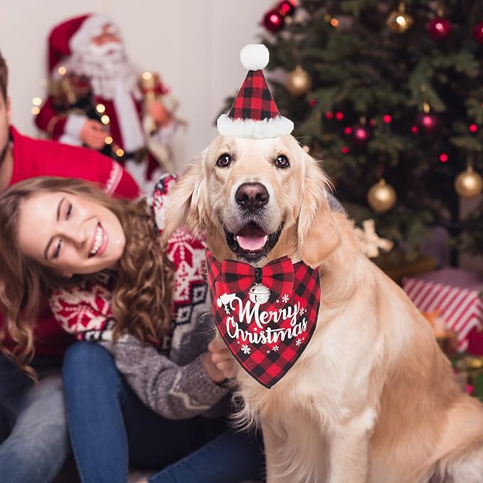 ADOGGYGO Christmas Dog Bandana Hat Bowtie, Red Plaid Pet Christma Hat Scarf Xmas Outfit Costume Accessories for Medium Large Dogs (Large)