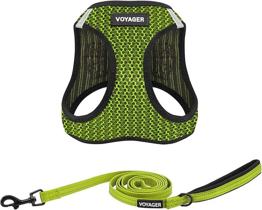 Voyager Step-in Air All Weather Mesh Harness and Reflective Dog 5 ft Leash Combo with Neoprene Handle, for Small, Medium and Large Breed Puppies by Best Pet Supplies - Lime Green (2-Tone), M