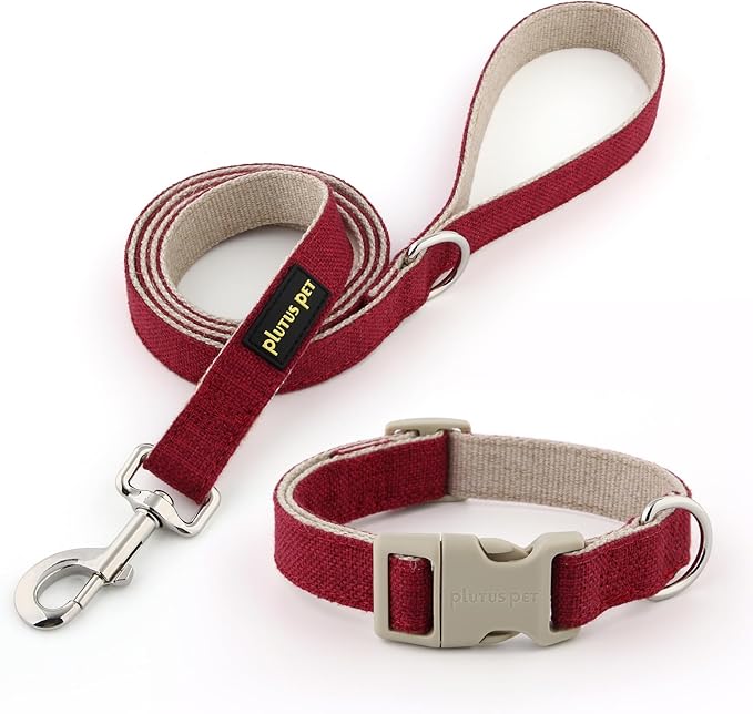 Plutus Pet Cotton Hemp Dog Collar and Leash Set, Adjustable Collar for Small, Medium, and Large Dogs, Heavy Duty and Soft on Skin, Red, XL