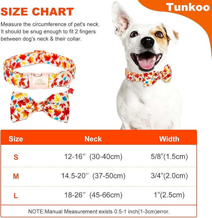 Tunkoo Fall Dog Collar with Elegant Bow Tie - Durable, Adjustable and Stylish Autumn Pet Collar, Available in Small Medium Large, S
