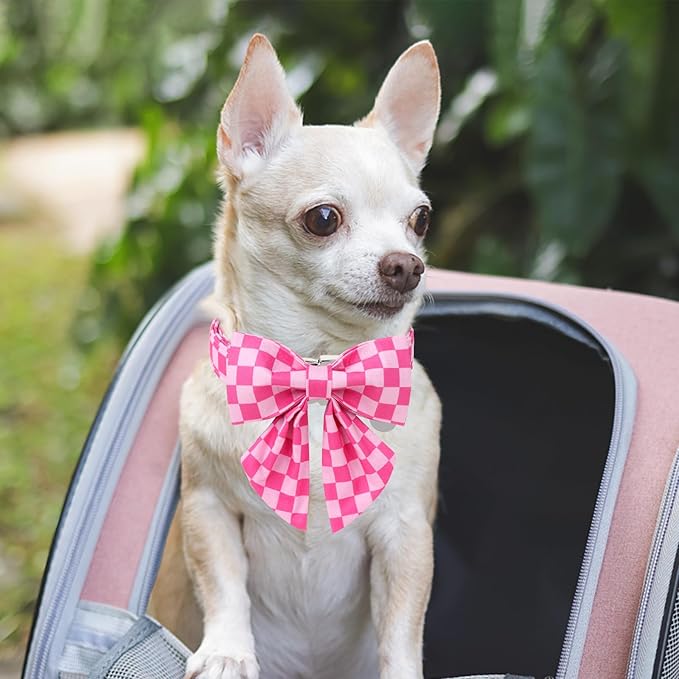Pink Plaid Bowtie Dog Collar, Summer Bowtie Collar for Puppy Boy Girl Dog, Comfortable Cotton Dog Collar with Metal Buckle, L, Neck 16-24in