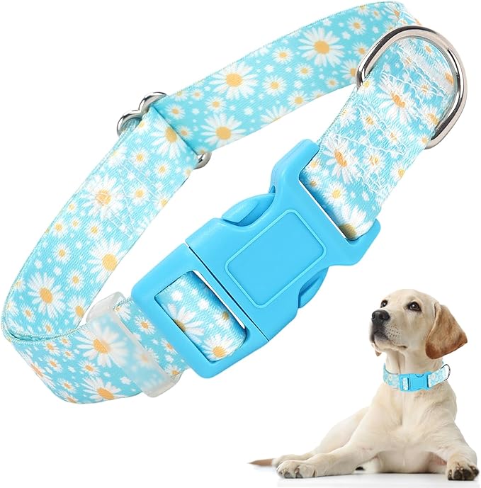 Dog Collars for Large Dogs with Blue Daisy Flowers Floral Design for Boy Girl Dogs, Adjustable Comfy Soft Pet Collar with Safety Buckle for XS Small Medium Large Dogs(L)
