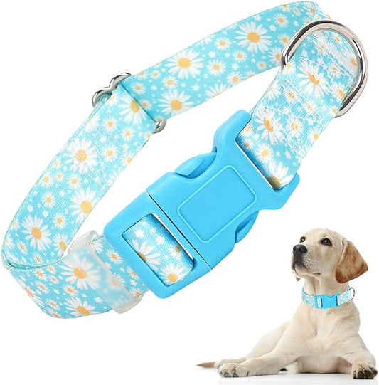 Dog Collars for Medium Dogs with Blue Daisy Flowers Floral Design for Boy Girl Dogs, Adjustable Comfy Soft Pet Collar with Safety Buckle for XS Small Medium Large Dogs(M)