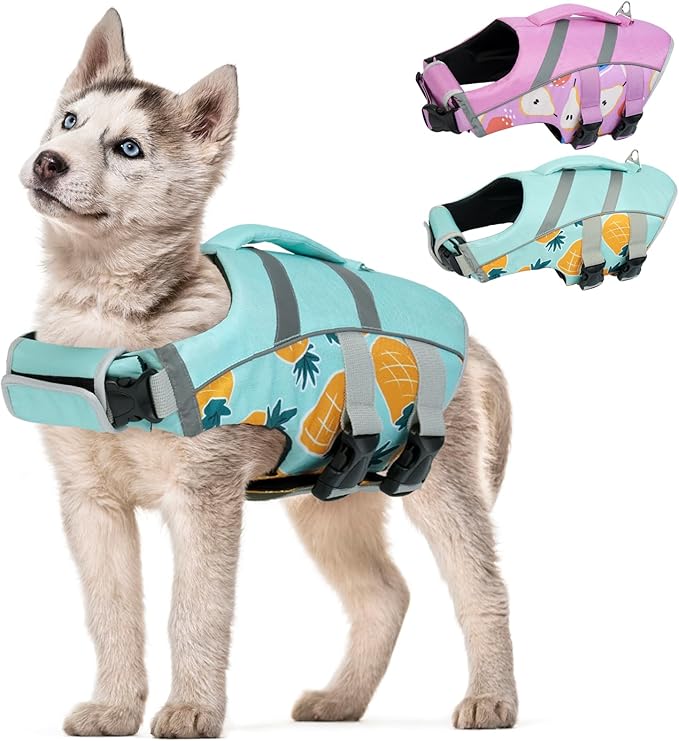 Kuoser Dog Life Jackets for Medium Dogs, Dog Life Vests for Swimming, Reflective Dog Life Vest Beach Boating with High Flotation, Dog Swim Vest for Medium Dogs, Pineapple M