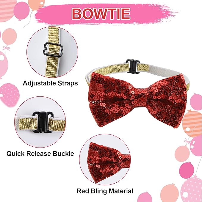 Dog Birthday Bandana Hat Bow Tie Set, 3 Pieces Foldable My Gotcha Day Plaid Dog Bandana Dog Birthday Party Hat with Cute Dog Bow Tie Collar for Dogs Cats Pets, Red