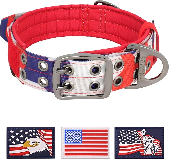 ADITYNA Heavy Duty Dog Collar for Medium Dogs - Camo Red Blue Collar with Handle for Training, and Walking - Wide, Thick, Tactical, Soft Neoprene Padded