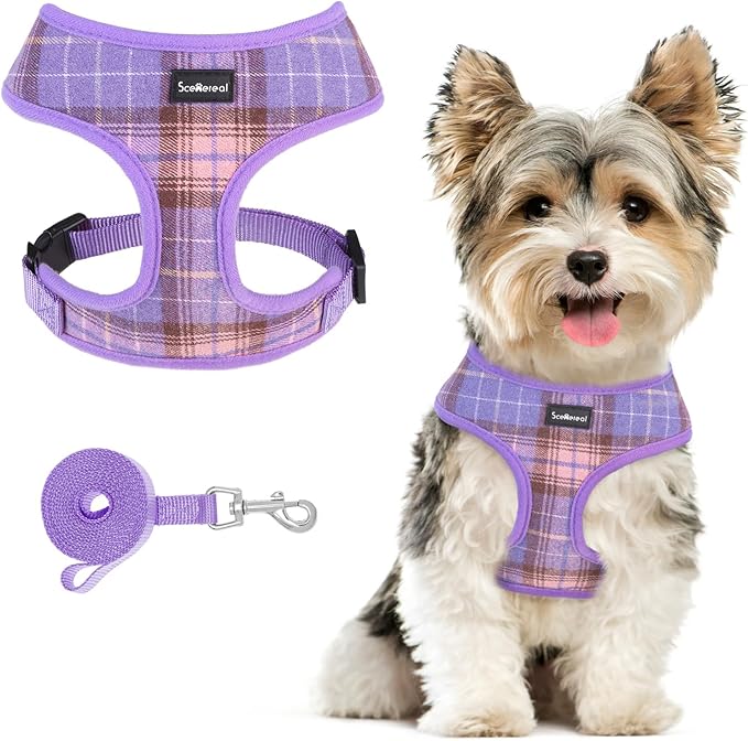 SCENEREAL Puppy Dog Harness with Leash Set for Small Medium Sized Dogs, Soft Mesh Step in Pet Harnesses and Leash, No Chock Plaid Adjustible No Pull Vest for Dogs Cats, Chihuahua,Bulldog (Purple S)