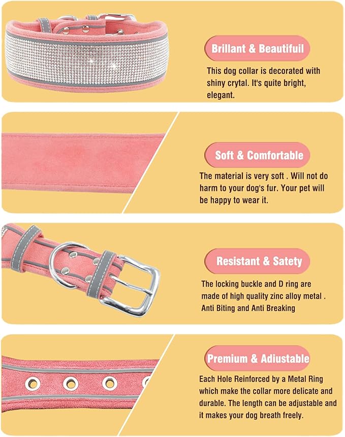Bling Rhinestone Dog Collar Soft Comfortable Stylish Dog Collar with Bright Reflective Stripe Premium Adjustable Diamond Crystal Pet Collar for Small Medium and Large Dogs (L, Pink)