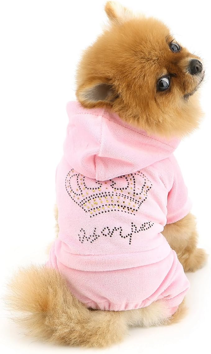 SELMAI Girl Dog Clothes for Small Dogs Cute Doggie Outfits Rhinestone Crown Stretchy Puppy Pajamas Soft Velvet Hoodie 4 Legged Jumpsuit Lightweight Pet Tracksuit Cat Apparel Leash Hole
