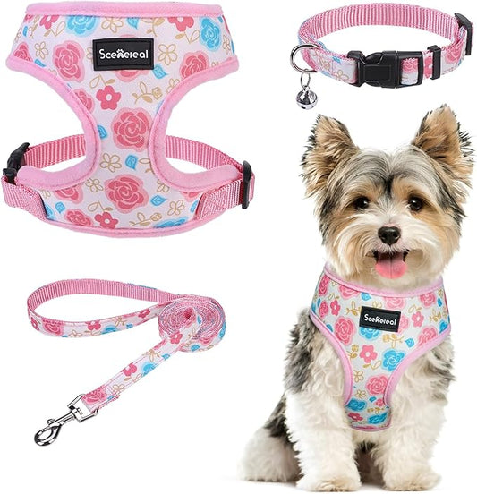 SCENEREAL Small Dog Harness Collar and Leash Set, Adjustable No Pull Pet Harnesses, No Chock Soft Mesh Step in Vest for Doggie Puppy Medium Dogs Cats Girl or Boy,Chihuahua, Yorkie, Outdoor Walking
