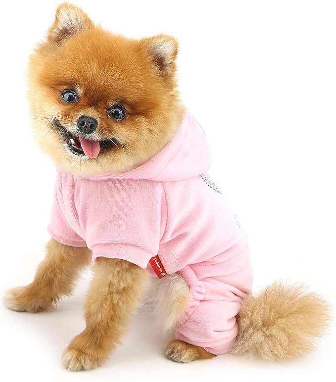 SELMAI Girl Dog Clothes for Small Dogs Cute Doggie Outfits Rhinestone Crown Stretchy Puppy Pajamas Soft Velvet Hoodie 4 Legged Jumpsuit Lightweight Pet Tracksuit Cat Apparel Leash Hole
