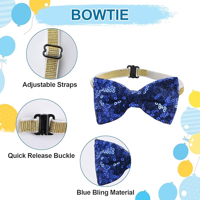 Dog Birthday Bandana Hat Bow Tie Set, 3 Pieces My Gotcha Day Plaid Triangle Bibs Scarf Bowtie Collar With Cone Hat for Party, Blue
