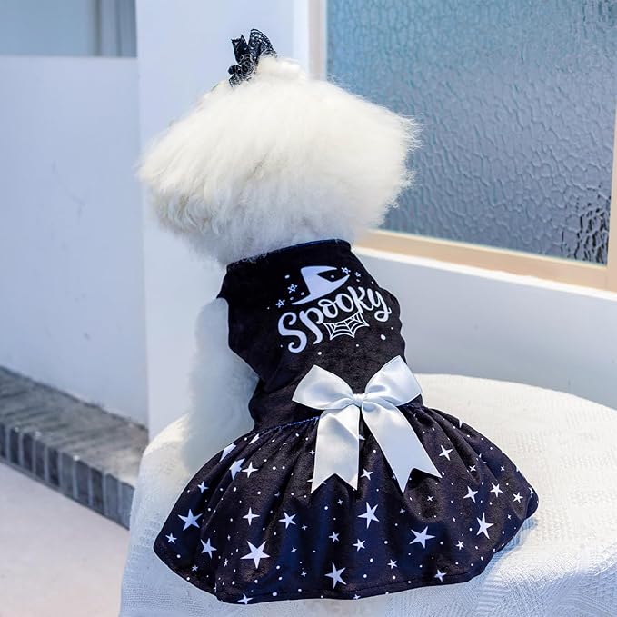 CuteBone Dog Dresses Velvet Holiday Small Dogs Clothes Onesie Pet Apparel Girl Puppy Skirt with Bow Hair Rope CVA23XS-D