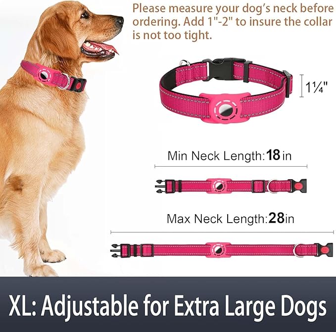 Airtag Dog Collar with AirTag Holder for Large Dogs, Reflective, Soft Padded & Safety Locking Buckle, Nylon Pet Collars Adjustable for All Breeds, Hotpink,XL