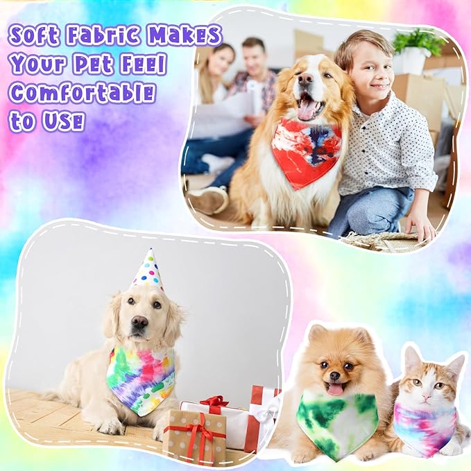 Amylove 120 Pcs Dog Bandanas Bulk Holiday Triangle Dog Pack Puppy Kerchief Bandana Adjustable Pet Scarf for Pet Cat Costume Accessories Decor Summer(Tie Dye)