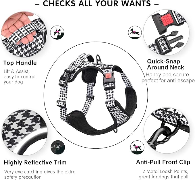 PoyPet No Pull Dog Harness, [Release on Neck] Reflective Adjustable No Choke Pet Vest with Front & Back 2 Leash Attachments, Soft Control Training Handle for Small Medium Large Dogs(Houndstooth,XS)