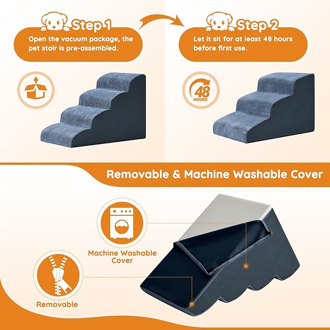 Pet Stairs for Small Dogs - 5-Step Curved Dog Ramp for Bed, Couch, Sofa, Car and Chairs - Non-Slip Bottom Design - Cat Scratching Board - High Density Foam Portable Pet Step - Navy