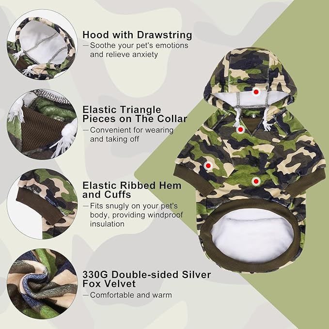 BEAUTYZOO Dog Hoodie for Small Medium Dogs Puppy, Soft Fleece Dog Sweater Cold Weather Coats with Pocket, Pet Outfits Hooded Sweatshirt Chihuahua Cat Jacket Clothing Warm Camo French Bulldog Clothes