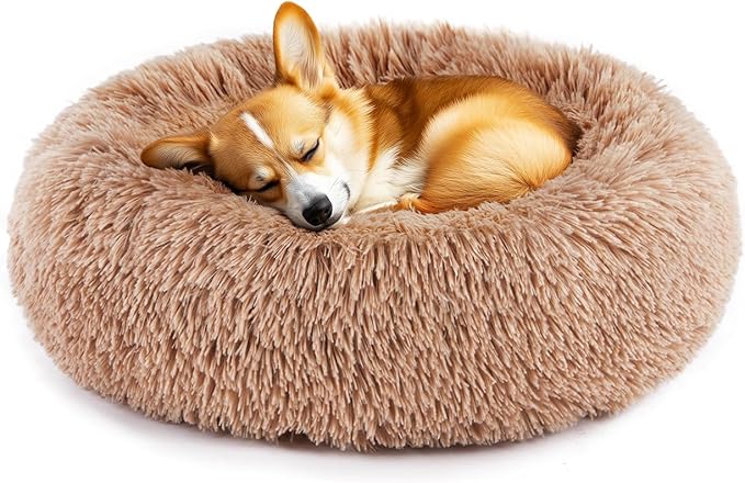 DUMOS Calming Donut Cat & Dog Bed for Small Dogs, Machine Washable Cuddle Warming Cozy Fluffy Faux Fur Plush Round Dog Bed, Anti-Anxiety Waterproof Anti-Slip Pet Bed, Brown, 20×20×8 Inches