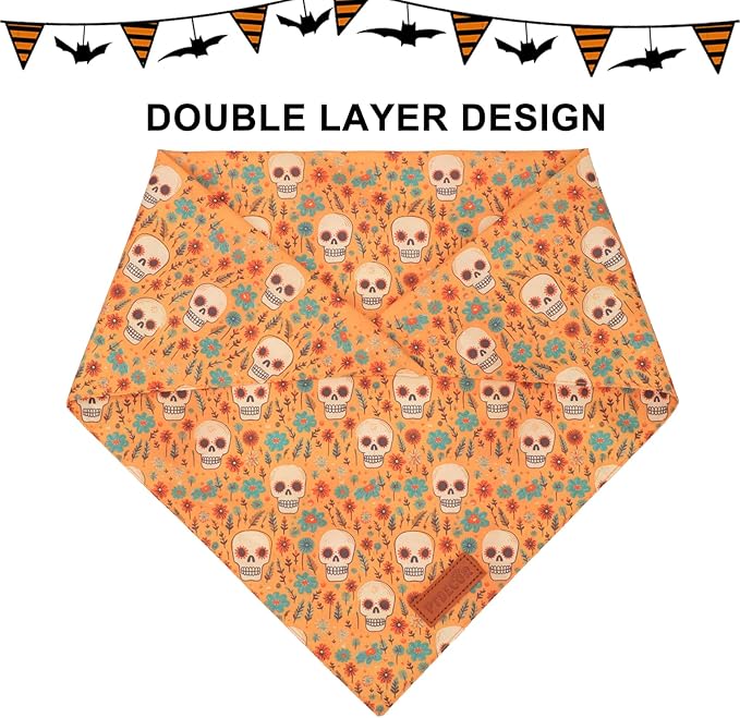 PTDECOR Halloween Dog Bandana, Skeleton Pumpkin Reversible Holiday Dog Scarf, Triangle Halloween Bandanas for Medium Large Dogs Pets (Large)