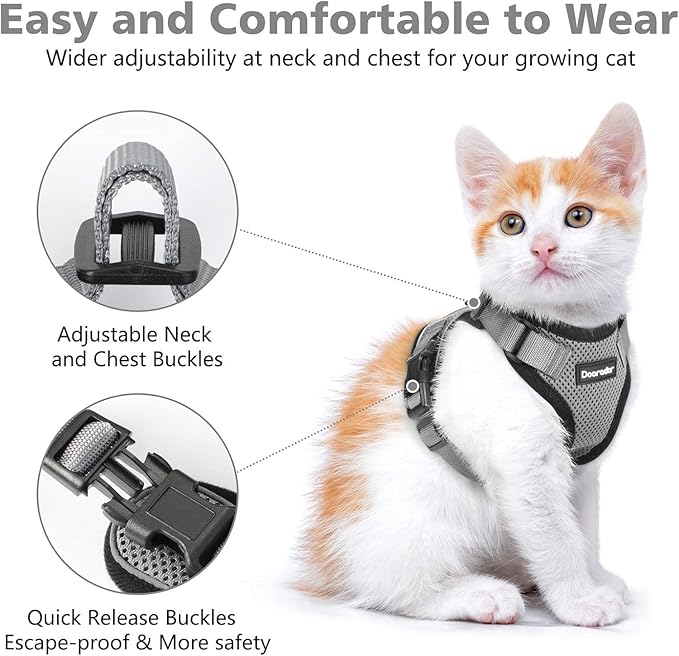 Dooradar Cat Harness and Leash Set, Escape Proof Safe Adjustable Kitten Vest Harnesses for Walking, Easy Control Soft Breathable Mesh Jacket with Reflective Strips for Cats, Grey, XXS