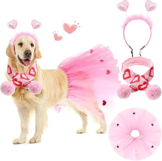 3 Pcs Valentine's Day Dog Costume Set Including Pink Valentines Love Headband Valentines Dog Tutu Dress Cute Pet Tutu Pink Valentines Pet Scarf for Medium Dogs Holiday Outfit Accessory