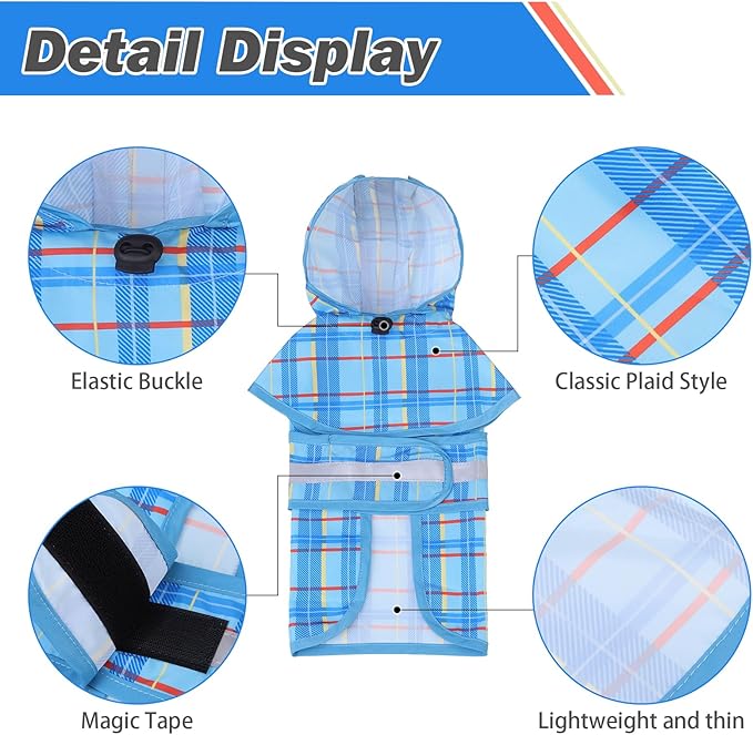 KOOLTAIL Dog Raincoat Hooded Slicker Poncho with Leash Hole, Raincoat for Small Medium Dogs, Waterproof Doggie Rain Jacket with Reflective Strip, Adjustable Breathable Plaid Puppy Rainwear-Blue