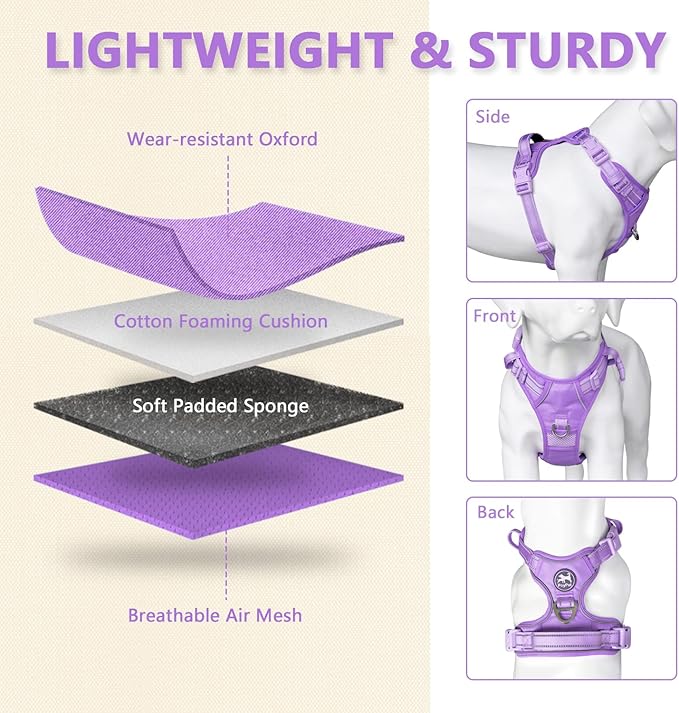 PoyPet No Pull Dog Harness, No Choke Reflective Dog Vest, Adjustable Pet Harnesses with Easy Control Padded Handle for Small Medium Large Dogs(Light Purple Matching Trim,XL)