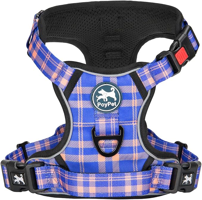 PoyPet No Pull Dog Harness, Reflective Adjustable No Choke Pet Vest with Front & Back 2 Leash Attachments, Soft Control Training Handle for Small Medium Large Dogs(Checkered Blue & Orange,XL)