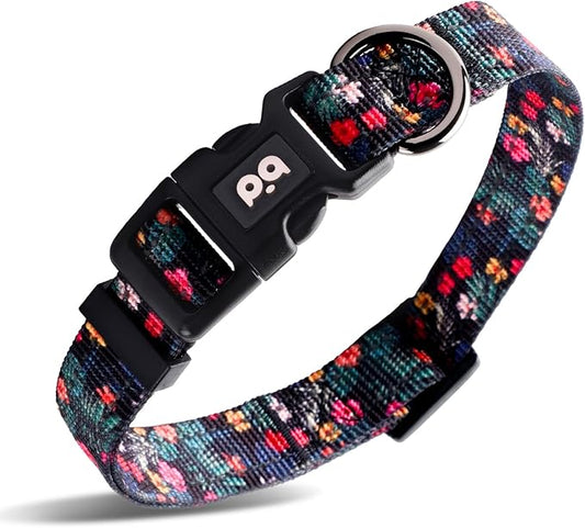 Dog Collar Cute Flower, Reflective Adjustable Basic Collars for Girl Female Small Medium Large Dogs Walking Running(Medium,Black)