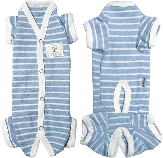 TONY HOBY Female/Male Pet Dog Pajamas Stripes 4 Legged Dog pjs Jumpsuit Soft Cotton Dogs Clothes(XL, Blue+White-Boys)