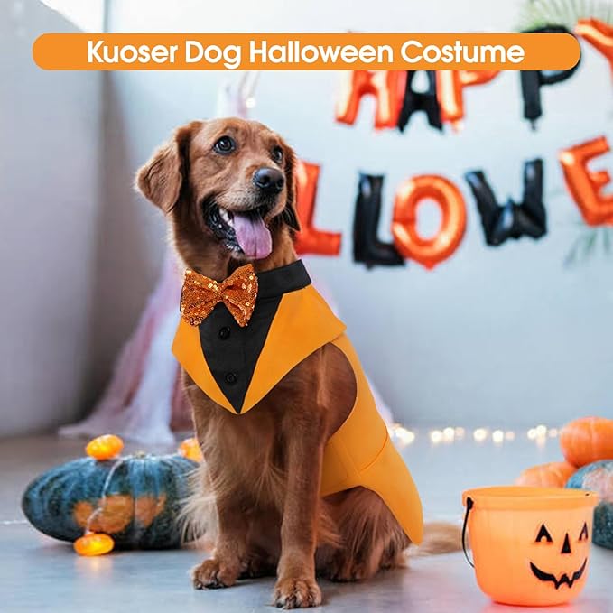 Kuoser Dog Tuxedo Suit and Bandana Set, Pumpkin Color Dogs Thanksgiving Outfit Adjustable Dog Halloween Costume with Bow Tie for Large Medium Small Dogs Golden Retriever Samo Bulldogs, XL