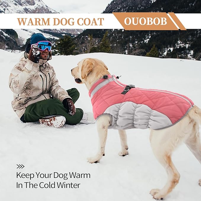 Winter Dog Coat,Large Dog Jacket,Waterproof Pet Jacket with Back Zipper,Pet Coat with Harness Built in,Warm Dogs Coat with Fleece Lined,Snow Jacket Clothes French Bulldog Shiba Inu,Pink,L