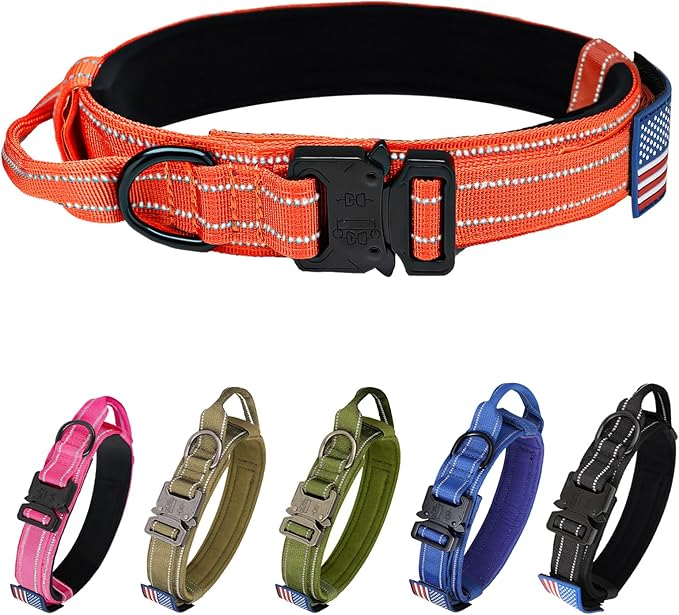 KCUCOP Tactical Dog Collar for Medium & Large Dogs - Military Nylon Heavy Duty Collar with Handle, Reflective Strip & Metal Buckle for Training, Outdoor (Orange Reflective, XLarge)
