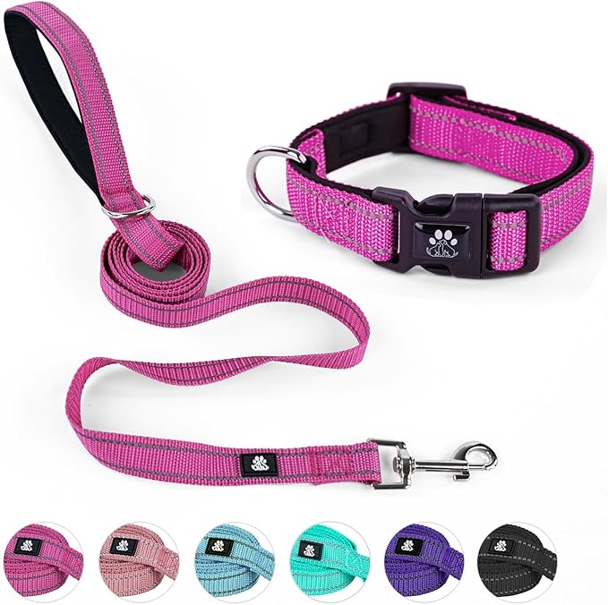 NESTROAD Reflective Dog Collar and Leash Set,Soft Neoprene Pet Collar with Quick Release Buckle,Adjustable Nylon Dog Collars for Small Medium Large Dogs(X-Small Collar + 5FT Leash,Fuchsia Pink)